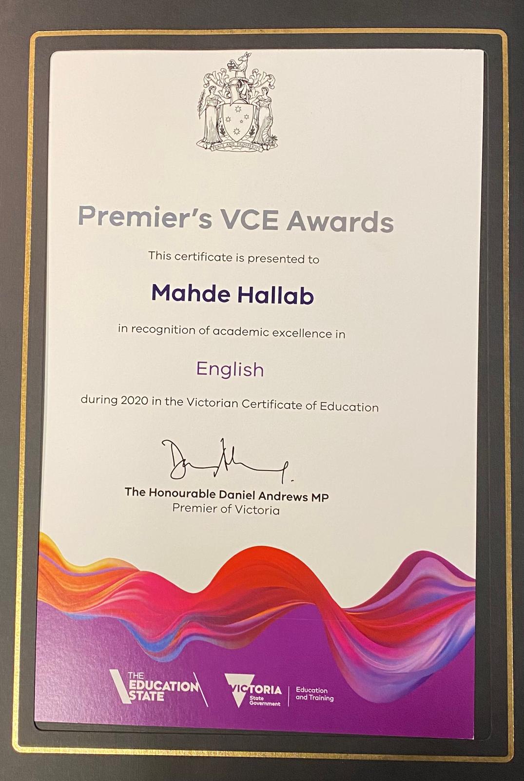 Premier’s Award Certificate